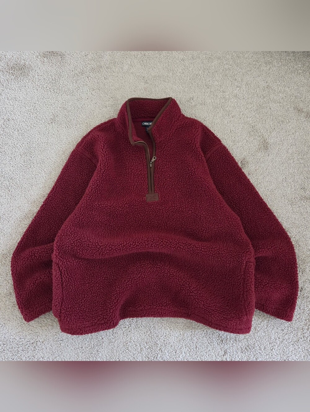 Vintage Cherokee Burgundy Sherpa Quarter-Zip Pullover With Pockets Men's M